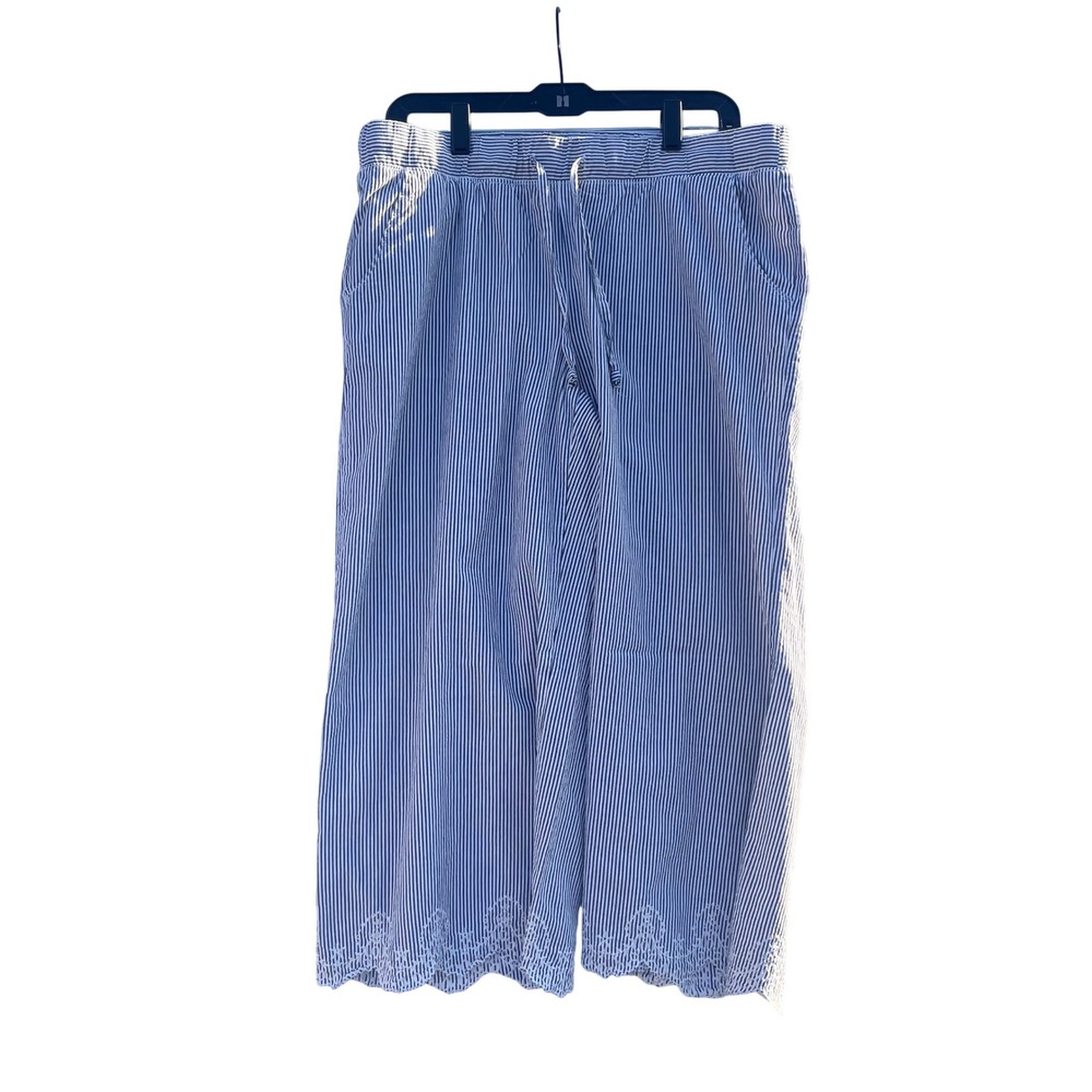 St Johns Bay Womens Blue White‎ Seersucker Stripe Eyelet Hem Wide Leg Pants L